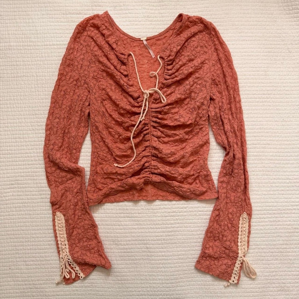 Free People Lace Ruched Long-Sleeve Top with Tie Detail